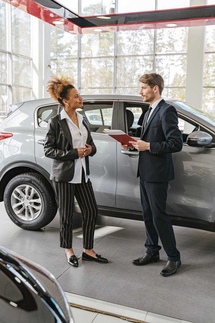 An interaction between a woman and a salesman at a car dealership, discussing vehicle options.
